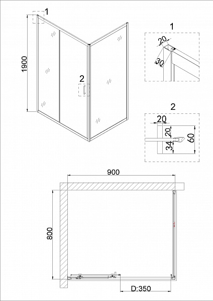 Душ.ограждение NG-62-9A-A80 (90*80*190) прямоугольник, дверь раздвижная, 2 места