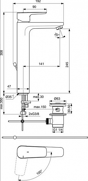 Смеситель Ideal Standard Ceraplan lll BC572AA для раковины-чаши с донным клапаном