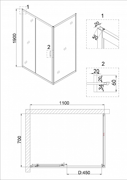 Душ.ограждение NG-62-11A-A70 (110*70*190) прямоугольник, дверь раздвижная, 2 места