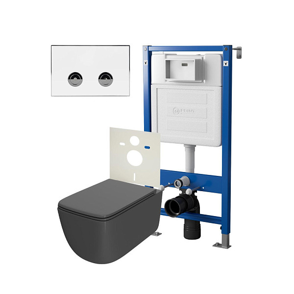 Сет: Система инсталляции пневматическая Point Элемент П для подвесного унитаза PN45121 + Клавиша смыва для пневматической инсталляции Point Венера, белый/хром, PN44071WC + Унитаз подвесной Point Меркурий безободковый, сид.дюропласт микролифт быстросъем, г