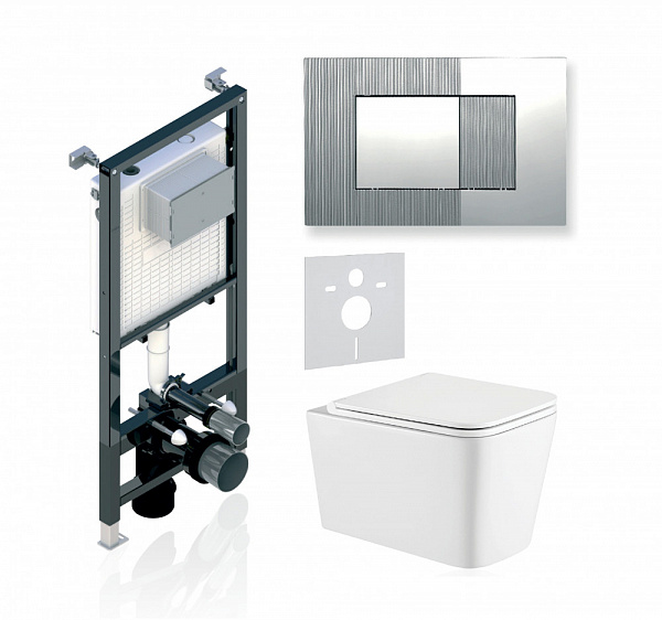 Комплект KOLLER POOL для монтажа  подвесного унитаза: Инсталляция Alcora ST 1200 с клавишей DESIGN PLUS Chrome, Унитаз KVADRO Rimless, сиденье дюропласт: SoftClose, Take Off, антибактериальное покрытие, система «Антивсплеск»