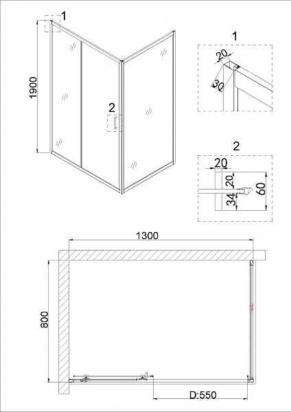 Душ.ограждение NG-62-13A-A80 (130*80*190) прямоугольник, дверь раздвижная, 2 места