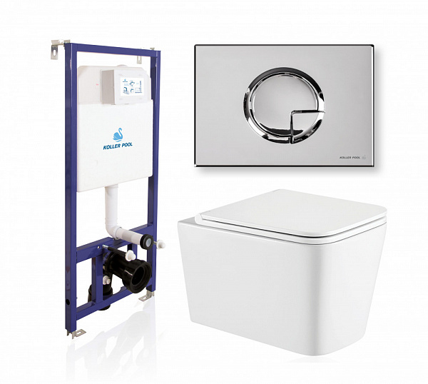 Комплект KOLLER POOL для монтажа  подвесного унитаза: Инсталляция DUNE 1200 SL с клавишей KVADRO Arch Chrome, Унитаз KVADRO Rimless, сиденье дюропласт: SoftClose, Take Off, антибактериальное покрытие, система «Антивсплеск»