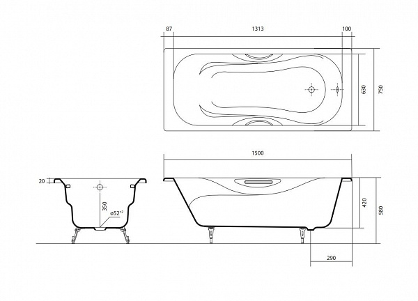 Ванна чугунная эмалированная Aquatek 1500x750 в комплекте с 4-мя  ножками и 2-мя ручками AQ8050FH-00 ГАММА