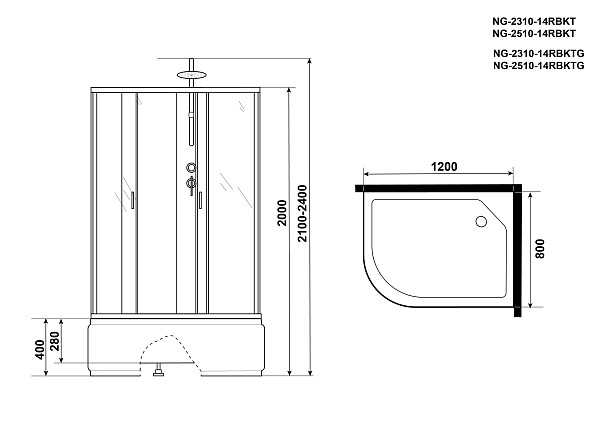 Душ.каб. NG-2510-14RBKT (1200х800х2100-2400) высокий поддон(40см) стекло ТОНИРОВАННОЕ 4 места