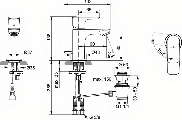 Смеситель Ideal Standard Connect Air A7017AA для раковины с донным клапаном