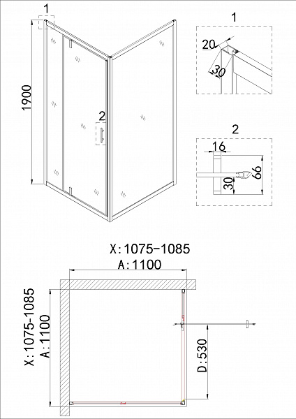 Душ.ограждение NG-43-11AG-A110G (110*110*190) квадрат, дверь распашная, 2 места