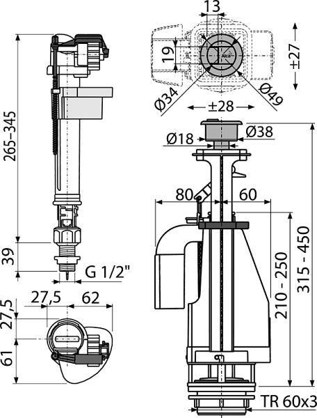 Арматура для бачка сливная/наливная 1/2" нижнее подключение кнопка хром 2/реж Alca Plast SA08ASK 1/2" CHROM