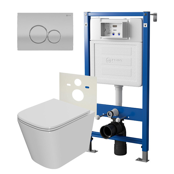 Сет: Система инсталляции Point Элемент для подвесного унитаза PN45120 + Клавиша смыва для инсталляции Point Виктория, цвет сатин/хром, PN44061SC + Унитаз подвесной Point Ника безободковый, сиденье микролифт PN41081