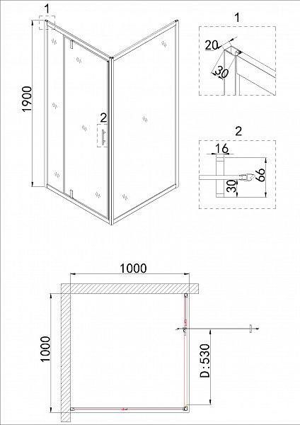 Душ.ограждение NG-83-10AB-A100B (100*100*190) квадрат, дверь распашная, 2 места