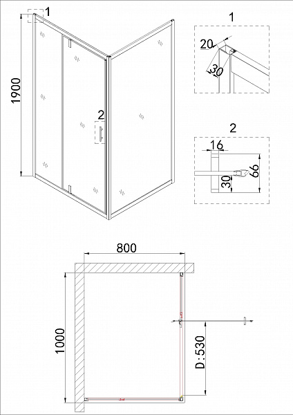 Душ.ограждение NG-43-10AG-A80G (100*80*190) прямоугольник, дверь распашная, 2 места