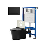 Сет: Система инсталляции Point Элемент для подвесного унитаза PN45120 + Клавиша смыва для инсталляции Point Ника, черная матовая, PN44081BM + Унитаз подвесной Point Вега безободковый, чёрн мат, PN41711BM