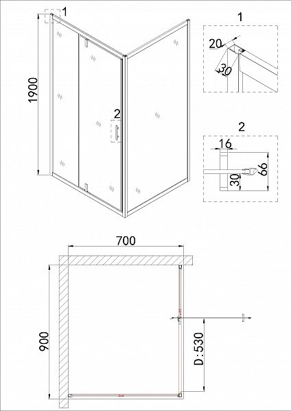 Душ.ограждение NG-63-9A-A70 (90*70*190) прямоугольник, дверь распашная, 2 места