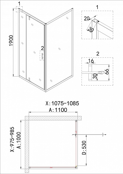 Душ.ограждение NG-43-10AG-A110G (100*110*190) прямоугольник, дверь распашная, 2 места