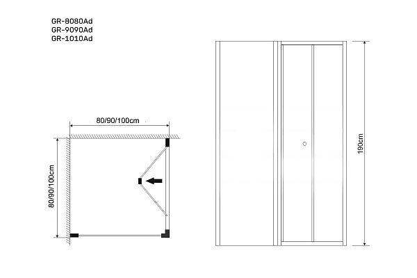 Душ.ограждение GR-9090 Аdvans (90*90*190) квадрат, складывающаяся дверь из двух частей 2 места