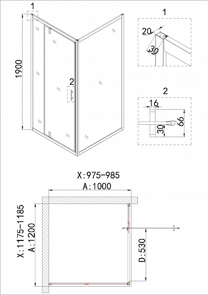 Душ.ограждение NG-43-12AG-A100G (120*100*190) прямоугольник, дверь распашная, 2 места