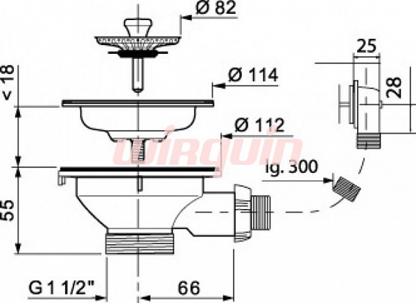 Выпуск чаша Wirquin D90 мм из нерж. стали с прямоугольным переливом