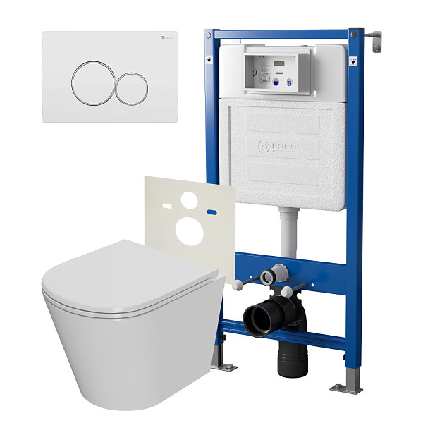 Сет: Система инсталляции Point Элемент для подвесного унитаза PN45120 + Клавиша смыва для инсталляции Point Виктория, белая/хром, PN44061WC + Унитаз подвесной Point Виктория безободковый, сиденье микролифт PN41061