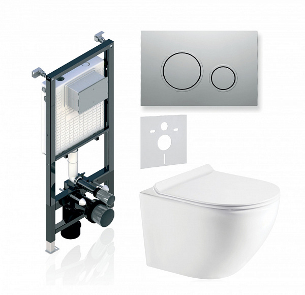 Комплект KOLLER POOL для монтажа  подвесного унитаза: Инсталляция Alcora ST 1200 с клавишей TWIN Matt Chrome, Унитаз ROUND Rimless, сиденье дюропласт: SoftClose, Take Off, антибактериальное покрытие, система «Антивсплеск»