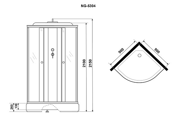 Душ.каб. NG-5304-14 (900х900х2150) средний поддон(26см), стекло МАТОВОЕ белые  профиля 4 места