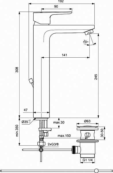 Смеситель Ideal Standard Ceraplan lll BC561AA для раковины-чаши с донным клапаном