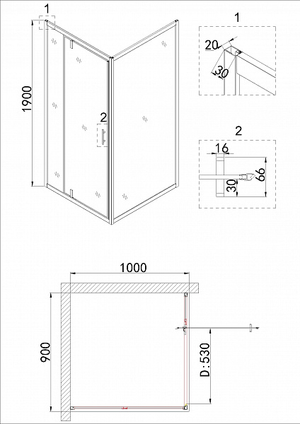 Душ.ограждение NG-63-9A-A100 (90*100*190) прямоугольник, дверь распашная, 2 места
