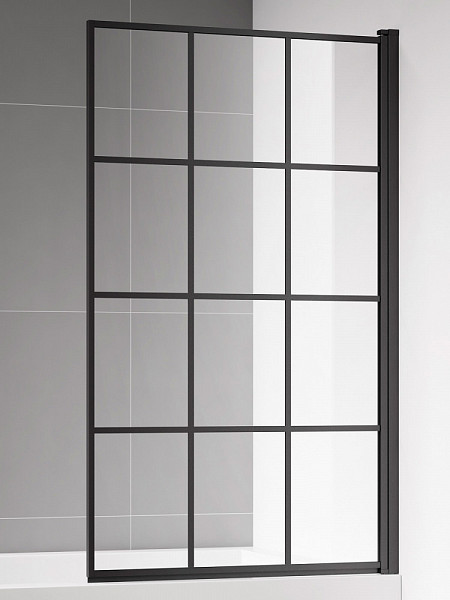 Шторка  на ванну AQUAme 800*1400мм., стекло 6мм, цвет профиля матовый черный. Вертикальные и горизонтальные декоративные линии.