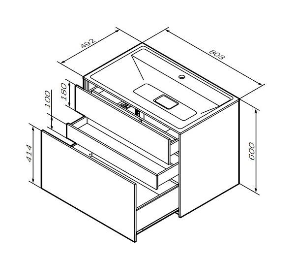 M50AFHX0803EGM Inspire V2.0, База под раковину, подвесная, 80 см, 3 ящика, push-to-open, элегантный