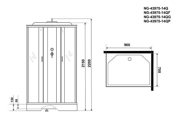 Душ.каб. NG-43975-14QP (900х700х2150) низкий поддон(13см) стекло МАТОВОЕ 3 места