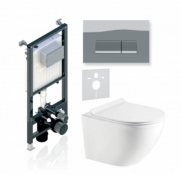 Комплект KOLLER POOL для монтажа  подвесного унитаза: Инсталляция Alcora ST 1200 с клавишей INTEGRO Chrome, Унитаз ROUND Rimless, сиденье дюропласт: SoftClose, Take Off, антибактериальное покрытие, система «Антивсплеск»