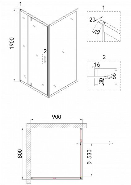 Душ.ограждение NG-63-8A-A90 (80*90*190) прямоугольник, дверь распашная, 2 места