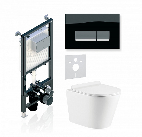 Комплект KOLLER POOL для монтажа  подвесного унитаза: Инсталляция Alcora ST 1200 с клавишей INTEGRO Black Glass, Унитаз ORION Rimless, сиденье дюропласт: SoftClose, Take Off, антибактериальное покрытие, система «Антивсплеск»