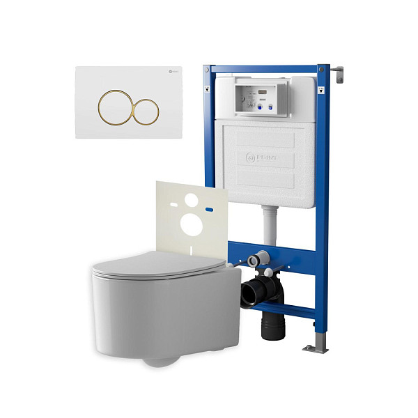 Сет: Система инсталляции Point Элемент для подвесного унитаза PN45120 + Клавиша смыва для инсталляции Point Виктория, белая/золото, PN44061WG + Унитаз подвесной Point Веста безободковый, белый, сиденье дюропласт, микролифт, быстросъем. PN41701