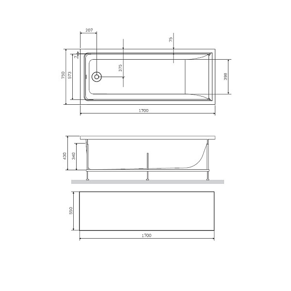 W90A-170-070W-P1 Gem, панель фронтальная для ванны А1 170х70см