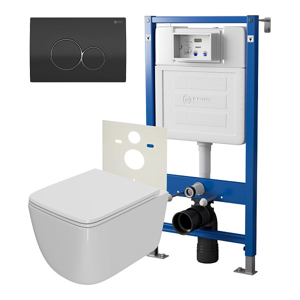 Сет: Система инсталляции Point Элемент для подвесного унитаза PN45120 + Клавиша смыва для инсталляции Point Виктория, черная/хром, PN44061BC + Унитаз подвесной Point Меркурий безободковый, сиденье дюропласт микролифт, быстросъем, белый PN41831