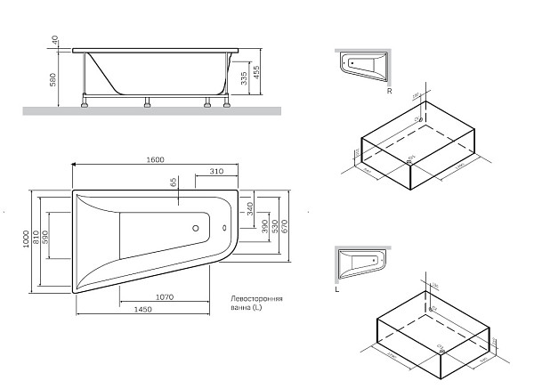 W72A-160R100W-P2 фронтальная панель для ванны spirit, правосторонняя