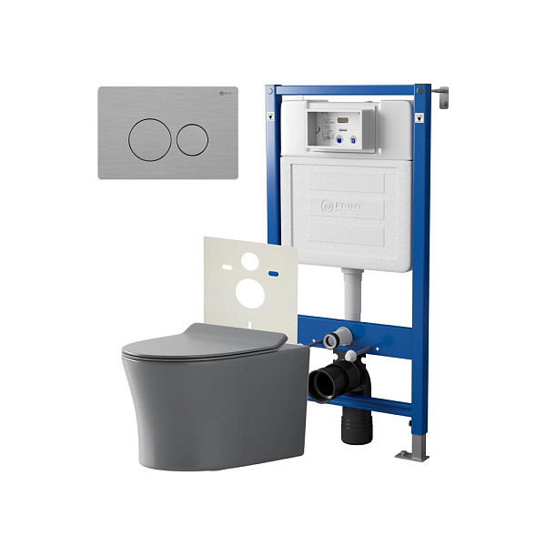 Сет: Система инсталляции Point Элемент для подвесного унитаза PN45120 + Клавиша смыва для инсталляции Point Виктория, нержавеющая сталь, сталь брашированная, PN44061SB + Унитаз подвесной Point Вега безободковый, сер мат, PN41711GM