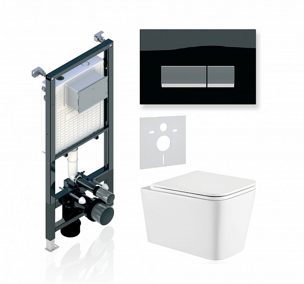 Комплект KOLLER POOL для монтажа  подвесного унитаза: Инсталляция Alcora ST 1200 с клавишей INTEGRO Black Glass, Унитаз KVADRO Rimless, сиденье дюропласт: SoftClose, Take Off, антибактериальное покрытие, система «Антивсплеск»