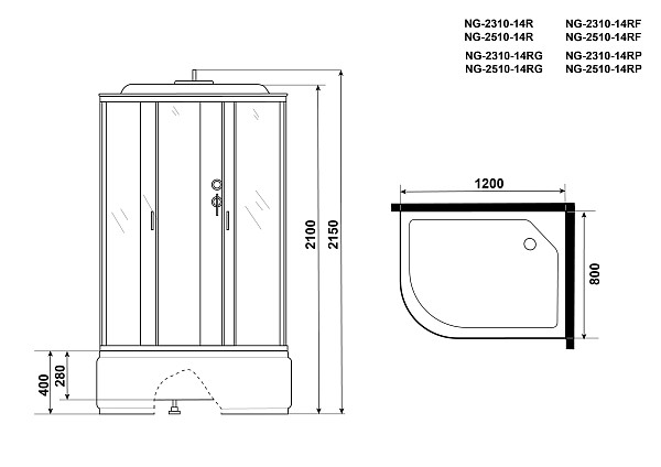 Душ.каб. NG-2510-14RF (1200х800х2150) высокий поддон(40см) стекло ТОНИРОВАННОЕ 4 места