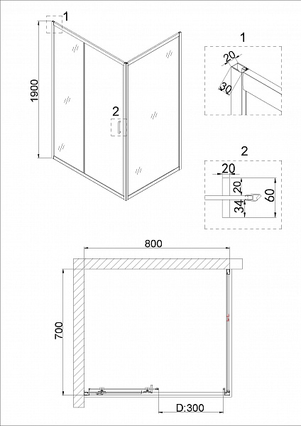 Душ.ограждение NG-62-8A-A70 (80*70*190) прямоугольник, дверь раздвижная, 2 места