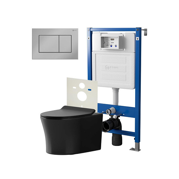 Сет: Система инсталляции Point Элемент для подвесного унитаза PN45120 + Клавиша смыва для инсталляции Point Ника, хром, PN44081C + Унитаз подвесной Point Вега безободковый, чёрн мат, PN41711BM