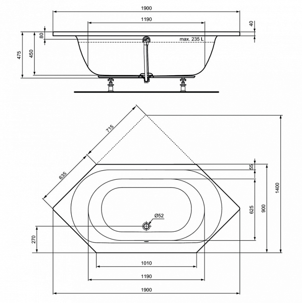 Встраиваемая акриловая шестиугольная ванна Ideal Standard Connect Air E106901 190X90 см без системы слива-перелива