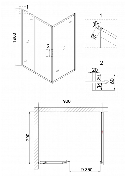 Душ.ограждение NG-62-9A-A70 (90*70*190) прямоугольник, дверь раздвижная, 2 места