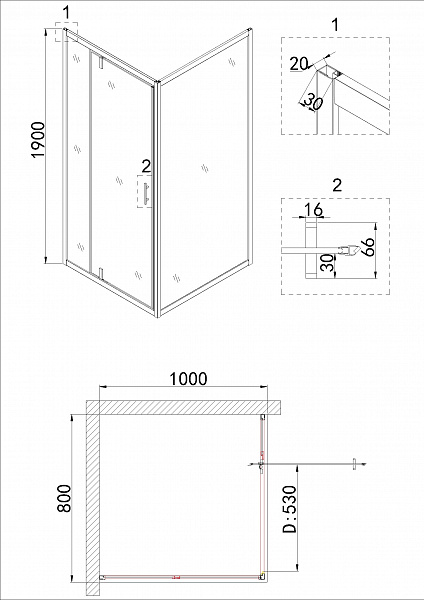 Душ.ограждение NG-63-8A-A90 (80*100*190) прямоугольник, дверь распашная, 2 места