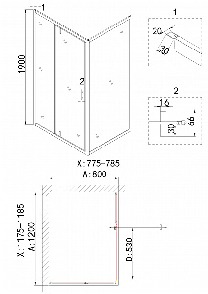 Душ.ограждение NG-43-12AG-A80G (120*80*190) прямоугольник, дверь распашная, 2 места