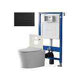 Сет: Система инсталляции Point Элемент для подвесного унитаза PN45120 + Клавиша смыва для инсталляции Point Меркурий, черная матовая, PN44831BM + Унитаз подвесной Point Вега безободковый, сиденье микролифт PN41711