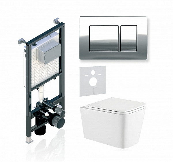 Комплект KOLLER POOL для монтажа  подвесного унитаза: Инсталляция Alcora ST 1200 с клавишей KVADRO Chrome, Унитаз KVADRO Rimless, сиденье дюропласт: SoftClose, Take Off, антибактериальное покрытие, система «Антивсплеск»