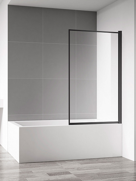 Шторка  на ванну AQUAme 800*1400мм., стекло 6мм, цвет профиля матовый черный. Декоративная линия по периметру.