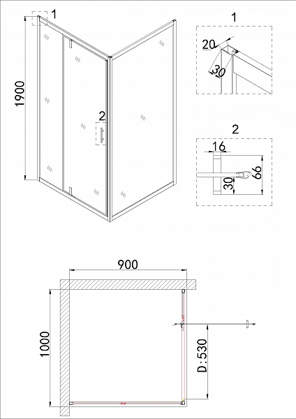 Душ.ограждение NG-63-10A-A90 (100*90*190) прямоугольник, дверь распашная, 2 места