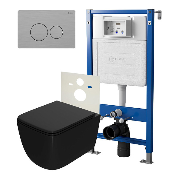 Сет: Система инсталляции Point Элемент для подвесного унитаза PN45120 + Клавиша смыва для инсталляции Point Виктория, нержавеющая сталь, сталь брашированная, PN44061SB + Унитаз подвесной Point Меркурий безободковый сид.дюропласт микролифт быстросъем чёрн